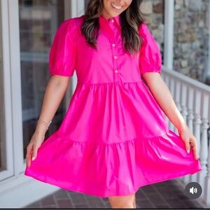 Pink Mini Sundress with Puff Sleeves and Polo Collar